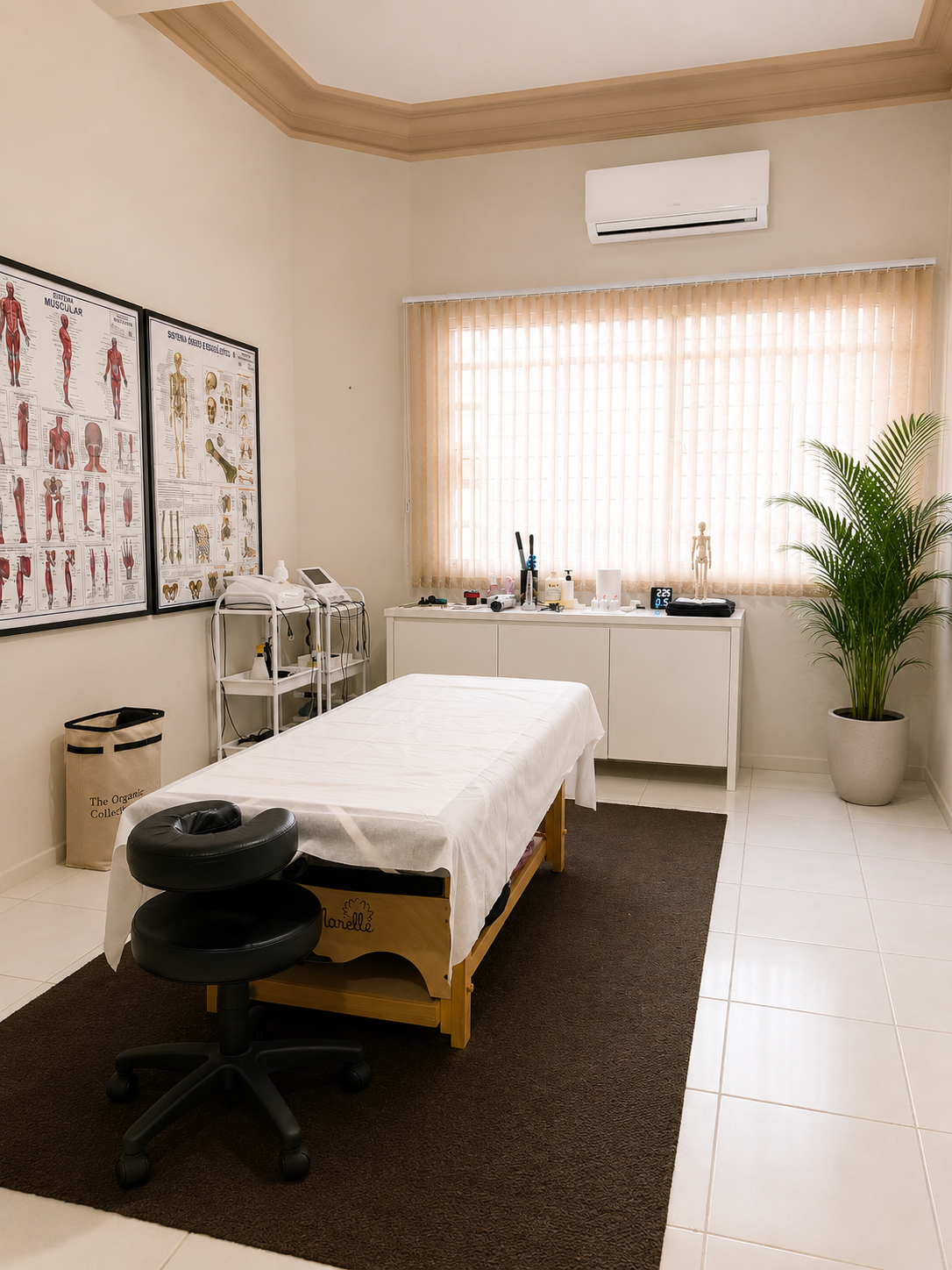 Sala de atendimento com maca e cartazes anatômicos